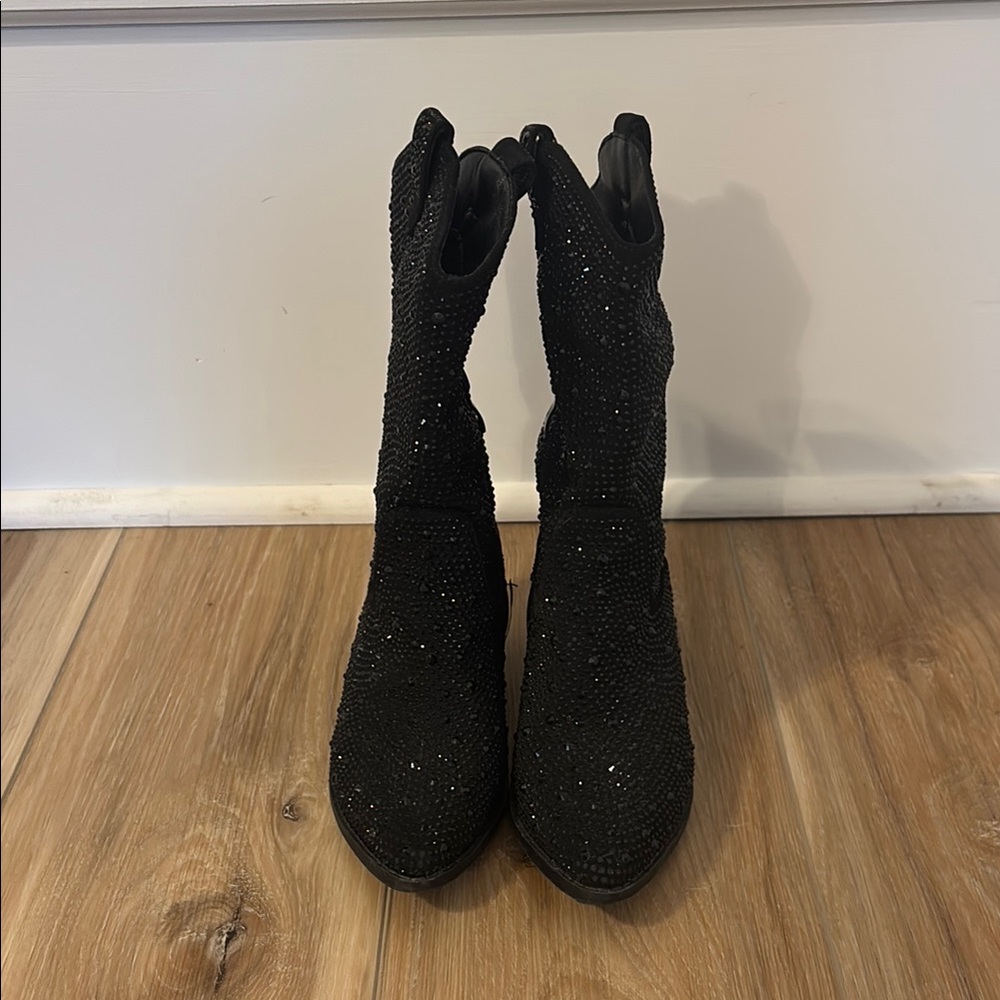 Girls Black Heeled Boots with rhinestones